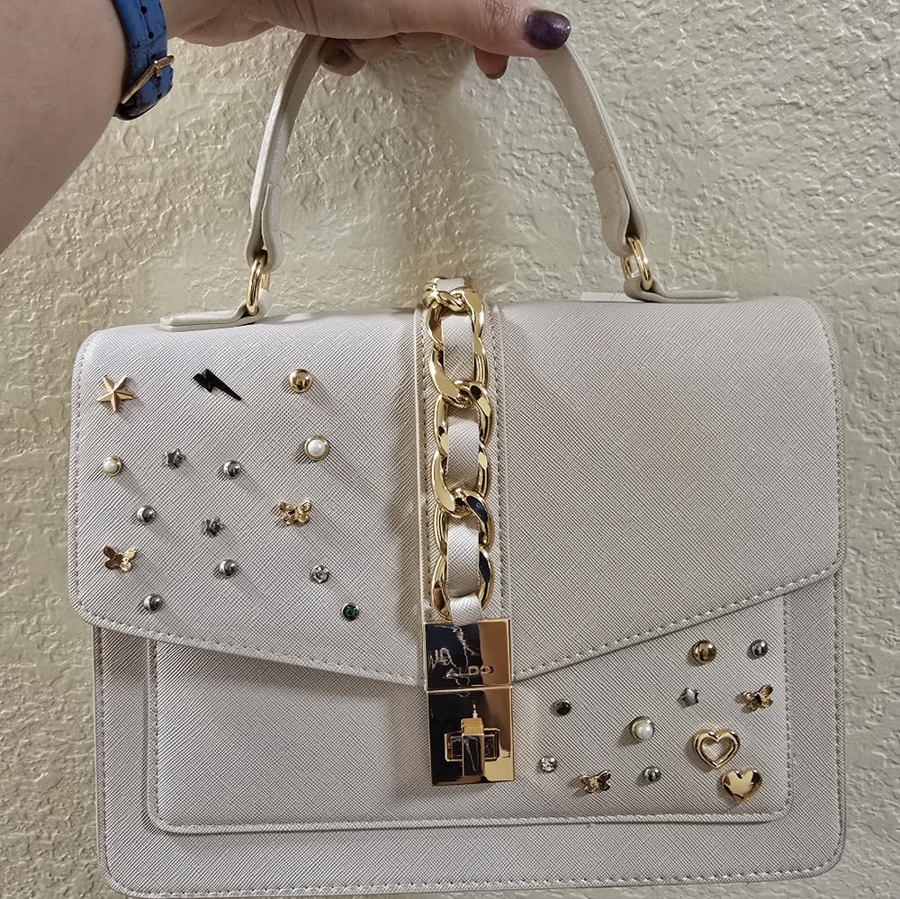 Aldo Gold and White Shoulder Bag with Studded Details